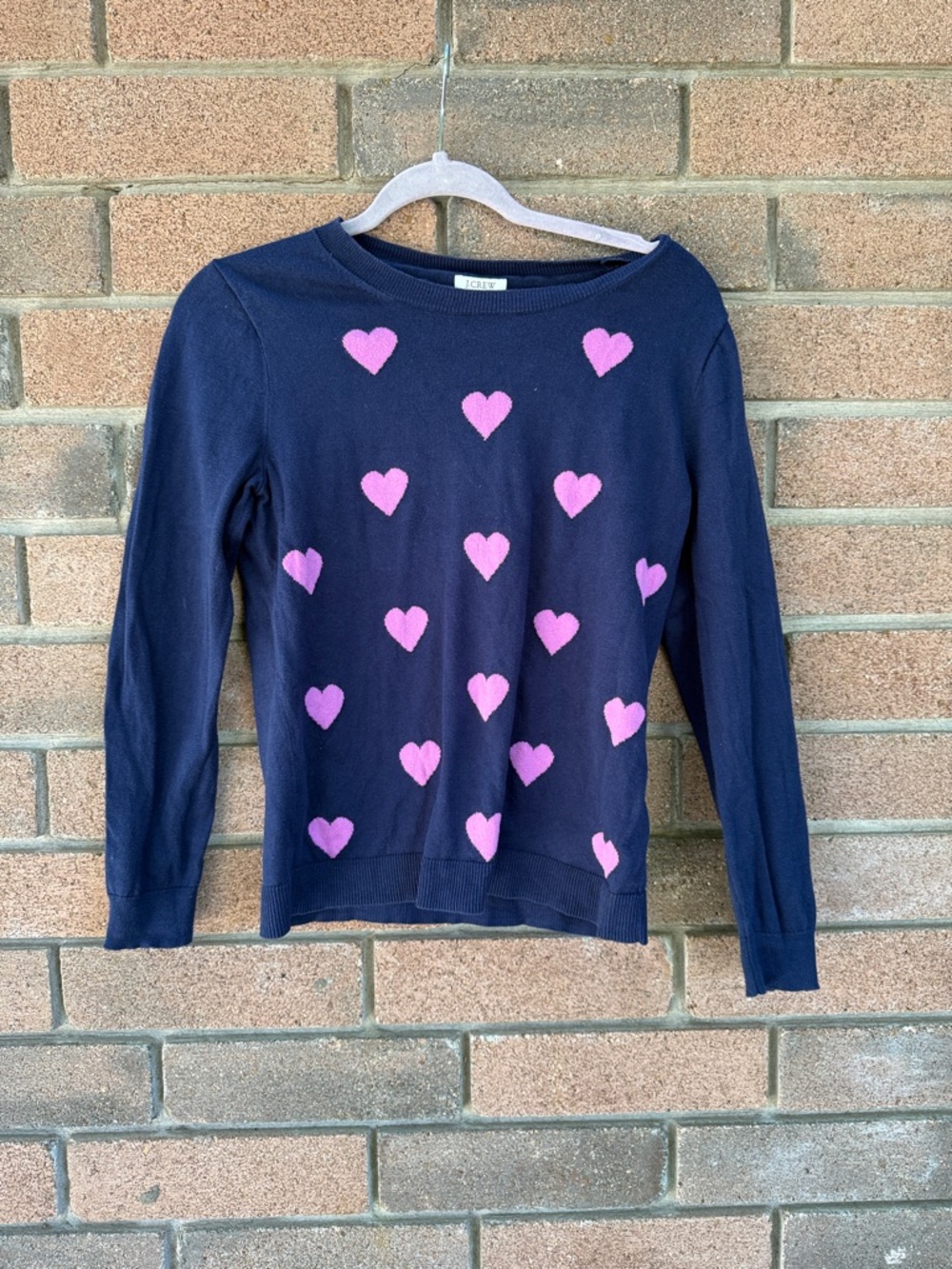 J. Crew Navy Sweater with Pink Heart Motif Size Small